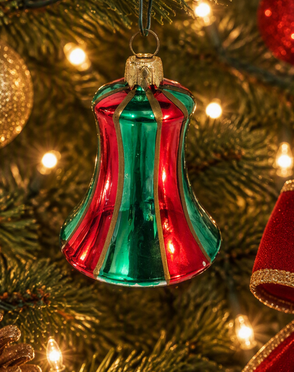 Vintage West Germany Glass Bell 3" Ornament Green & Red
